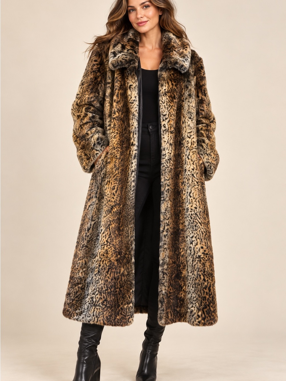 Pamela McCoy Leopard-Print Faux Fur Trench Coat in Brown